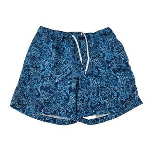 Blue Swim Trunks Mens Size Medium Lined Fish Pattern Beach Wear Ocean Coast Fun